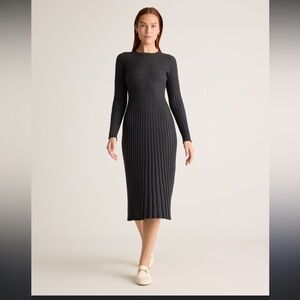 Quince Black Cotton Cashmere Rubbed Long Sleeve Crew Midi Knit Dress
